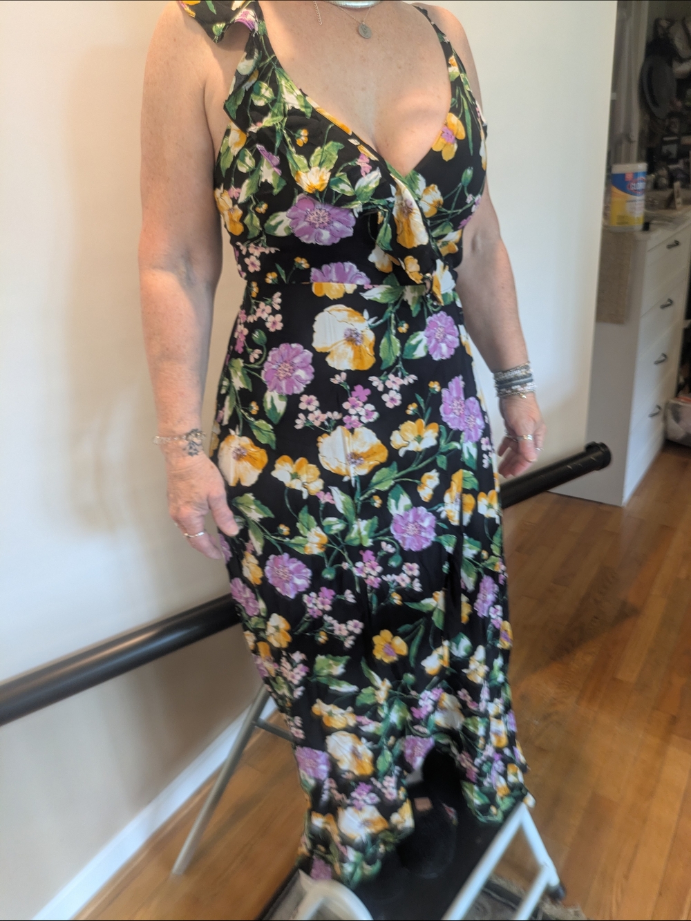 Pink Lily Black Floral  Maxi Dress with Yellow & Purple Blooms
